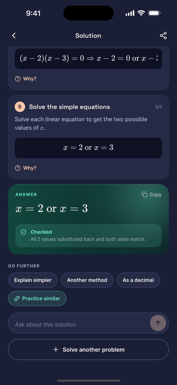Answer card reading x equals 2 or x equals 3 with a Checked badge and follow-up buttons