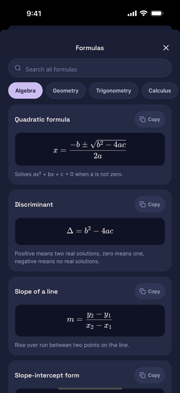 Formulas screen showing the quadratic formula, the discriminant and the slope formula