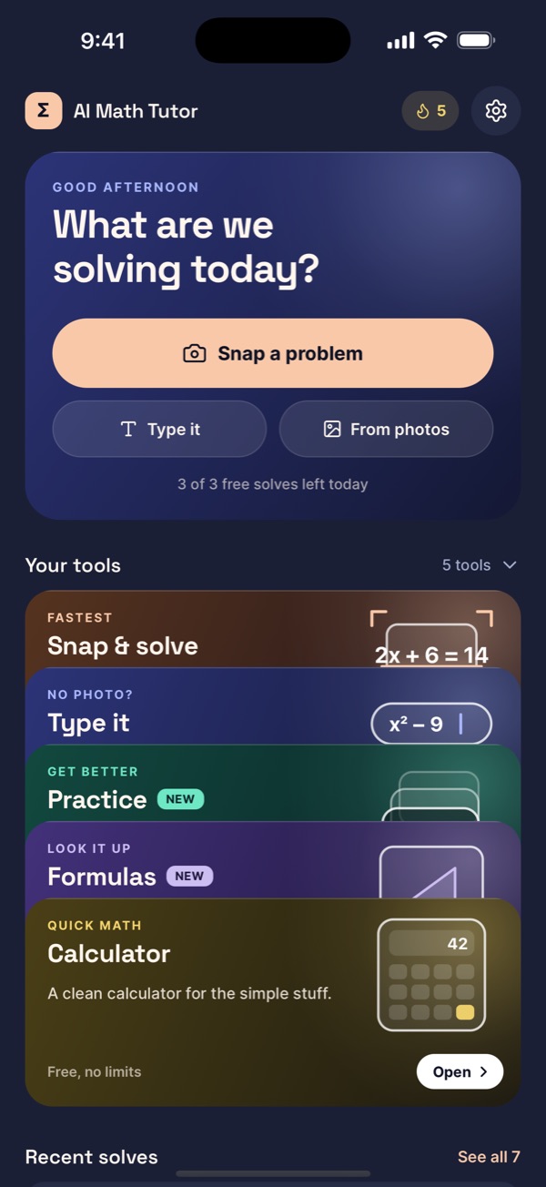 AI Math Tutor home screen with Snap a problem, Type it and From photos buttons and the tool cards