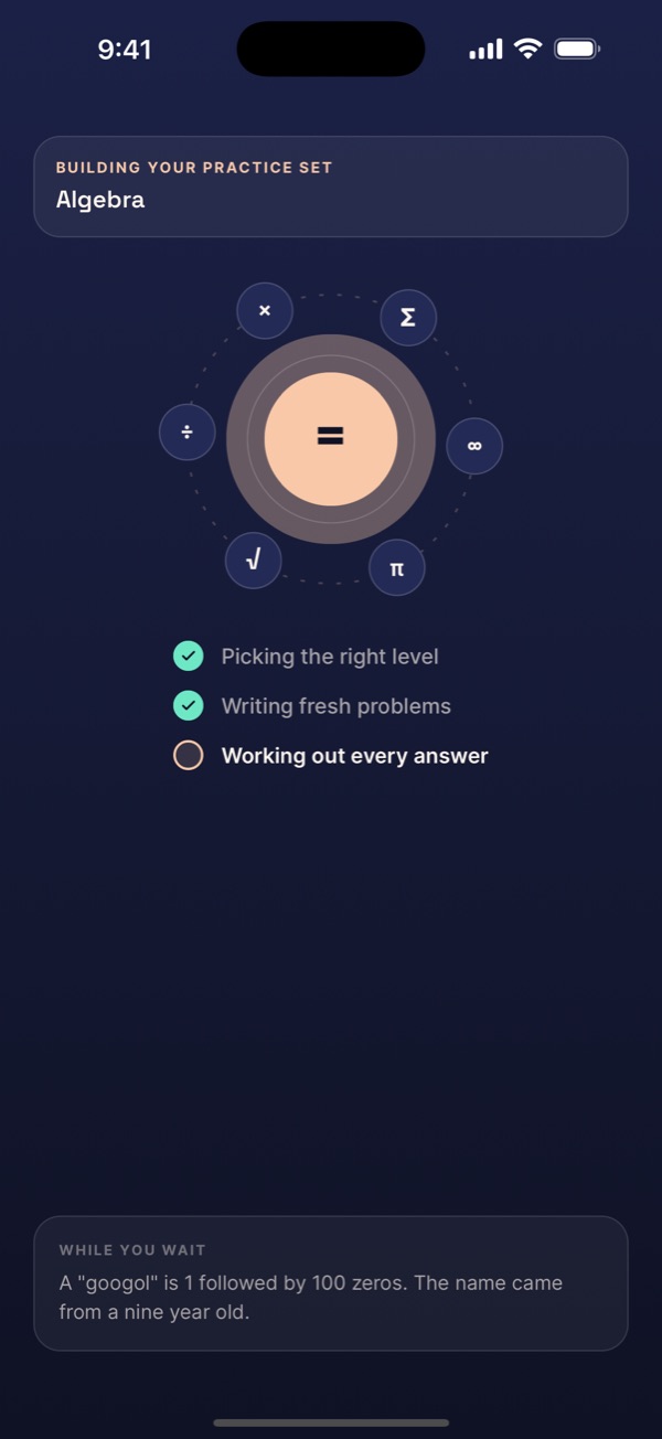 Loading screen with orbiting math symbols, the stages of the work and a math fact