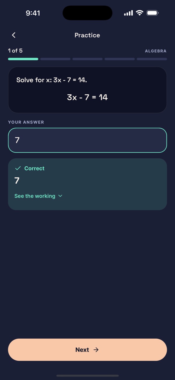 Practice question 3x minus 7 equals 14 answered 7 and marked Correct