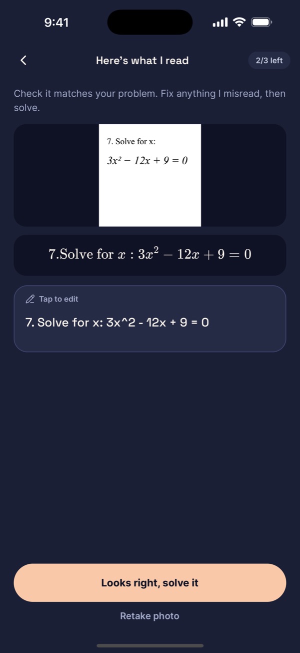 Here's what I read screen showing a photographed worksheet problem and the editable text the app read from it